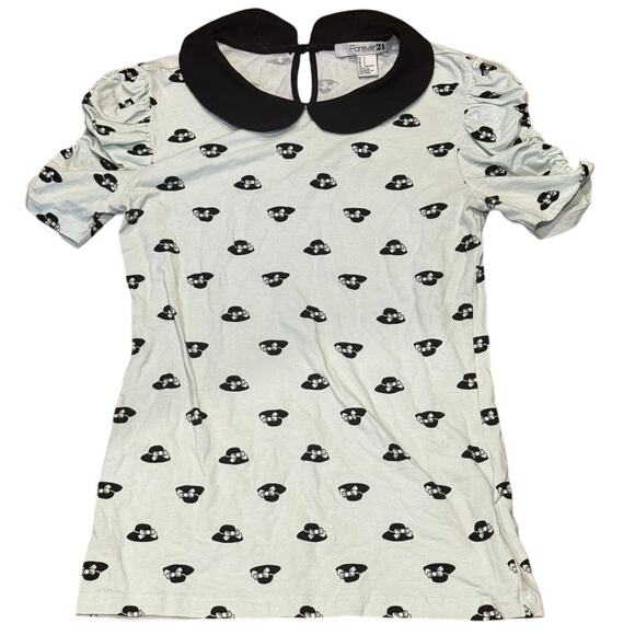 Y2K Forever 21 Mint Green Cartoon Print Peter Pan Collar Top Size Small - Picture 6 of 6
